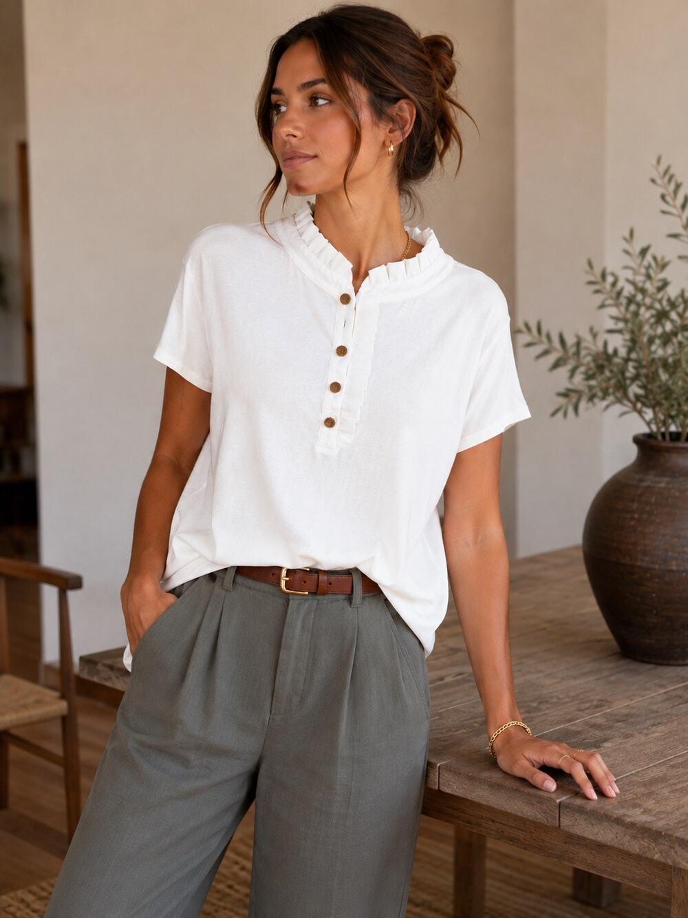 Ted Baker London Ruffle Short Sleeve Henley T-Shirt Top White Women's 6 (XL)